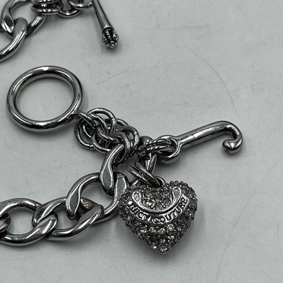 Juicy Couture Silver Tone Toggle Charm Starter Bracelet Pave Heart J - Picture 2 of 9